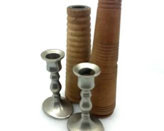 Vintage Turned Wood Metal Candlesticks 4 Pc