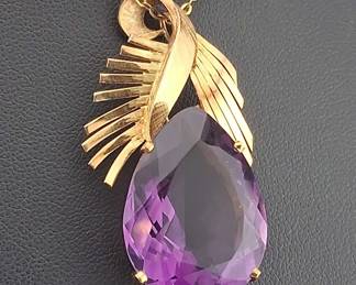 02 18K Gold Large Teardrop Amethyst Pendant with Matching Gold Chain
