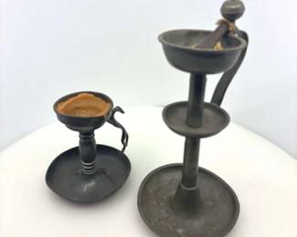 Antique Pewter Slush Fat Lamps Early Lighting, 2 Pc
