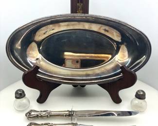 Vintage SilverTone Serving Platter, Carving Set Shakers