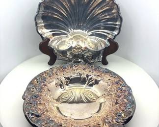 Ornate SilverTone Shell Floral Serving Dishes Pair