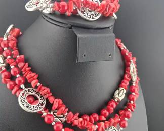 Vintage Premier Designs Red Coral Silvertone Multistrand Necklace 1618in And Bracelet 67in Set