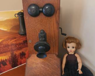 Kellogg Oak wall hand crank telephone, not hollowed out and Ideal Miss Revlon doll
