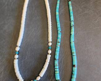 Vintage Native American white Heishi clam/puke shell and turquoise neclace and Vintage Native American Heishi Jacia neclace, Hand cut and hand rolled