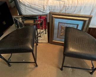 Two Metal And Faux Triangle Leather Stools And Two Wall Hangings