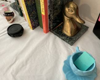 Marble and brass duck bookends, books, cup & Saucer