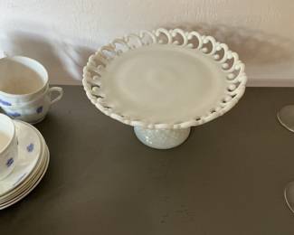 Milk glass lace-edged cake stand/ pedestal dish
