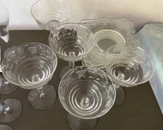 Vintage Etched champagne/sherbets with matching snack plates