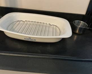 Corningware roaster dish and stainless measuring pot