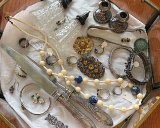 Nice older jewelry, little sterling candle holders, sterling tongs and salt & pepper