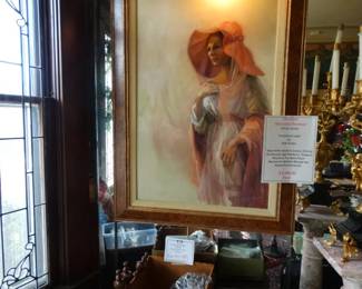 Here She Is ! A Southern Lady"Oilon Canvas by Dick Holms - Just down the left side is a portionof one of the hand rolled bevelled and leaded glass panels