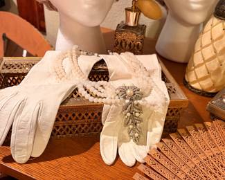 White Kid Gloves showcasing vintage Necklace and earrings