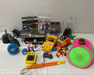 Retro toy lot Hit Stix, Milton Bradley BIG TRAK untested, plasma globes, etc.