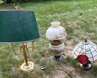 Lot of 3 Vintage Decorative Table Lamps TiffanyStyle Stained Glass, Floral Glass Brass