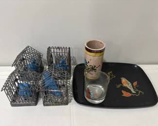 Vintage style decorative birdcage, Pottery Beer mug and a bird glass and a serving