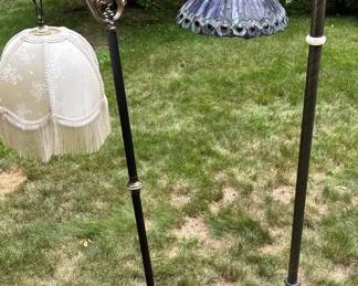Pair of Ornate Vintage Bridge Floor Lamps Stained Glass Fringed Shades
