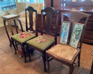 Plant stand $35, Needlepoint chairs $25 each, antique chair $20