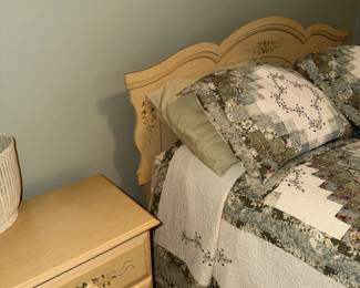 Queen bedroom suite - bed frame & night stand. Queen quilt set. 