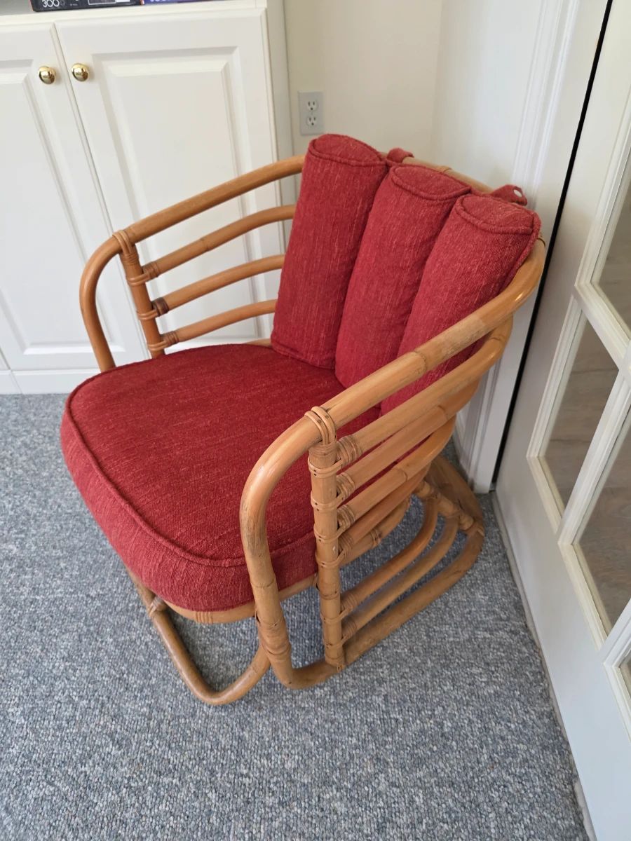 Vintage rattan bentwood armchair with red cushions