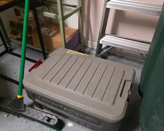 Garage: heavy-duty storage tote, aluminum stepladder, push broom