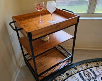 Rolling bar cart, wood and black metal, with wine rack