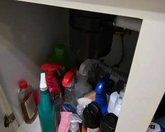 Under-sink cabinet with household cleaners and spray bottles