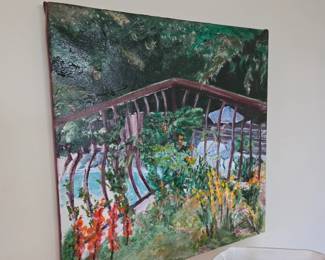 Colorful garden scene painting on stretched canvas, unframed