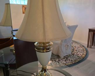 Brass and ivory ceramic table lamp with cream shade