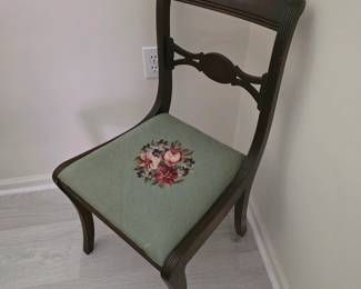 Vintage wood side chair with needlepoint floral seat
