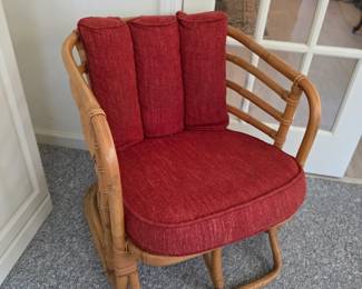 Vintage rattan bentwood barrel chair, red channel-back cushions
