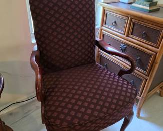 Queen Anne style armchair in burgundy fabric, matching pair