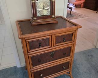 Bamboo and rattan 4-drawer chest with mahogany mantel clock