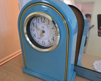 Vintage blue arch-top mantel clock with gold trim