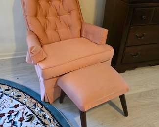 Vintage coral tufted-back armchair with matching ottoman