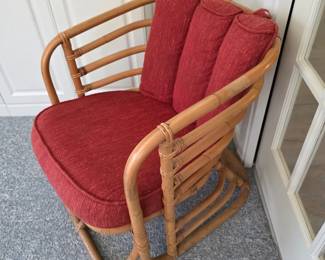 Vintage rattan bentwood armchair with red cushions