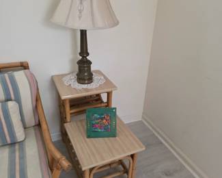 Bamboo nesting end tables with stone tops and bronze table lamp