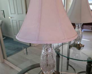 Cut crystal table lamp with brass base and pale pink shade
