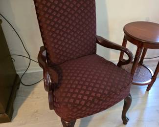 Queen Anne style wood armchair, burgundy patterned fabric