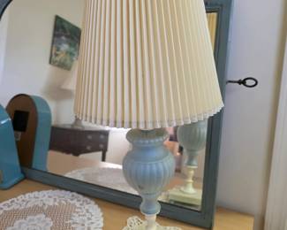Vintage powder blue milk-glass style lamp with pleated shade