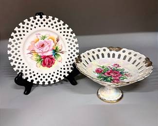 Lefton Lattice Floral China Plate And A Lattice Floral Compote Dish