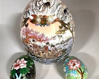 A Large Satsuma Porcelain Egg And Two Small Cloisonné Porcelain Eggs