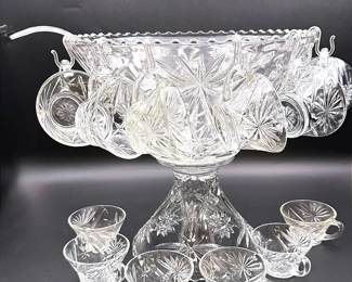 Early American Prescut Crystal Punch Bowl Set