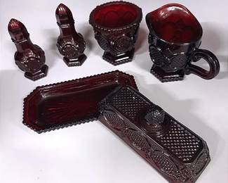 Avon 1876 Cape Cod Collection Ruby Red Glass Butter Dish, Sugar & Creamer Set & Salt And Pepper Set