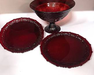 Vintage Avon Ruby Red Glass Fruit Bowl And Two Red Glass Dinner Plates