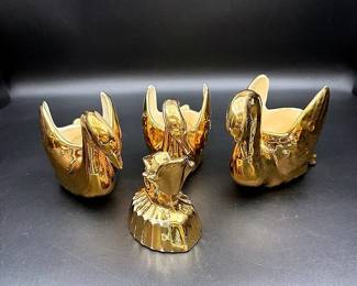 22K Gold Hand Painted Ceramic Swans And 22K Gold Hand Painted Ceramic Cornucopia Candlestick Holder