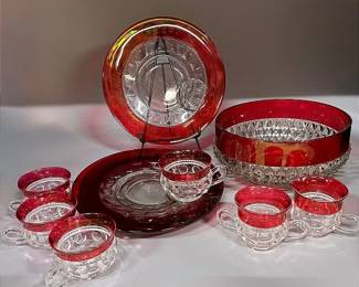 Indiana Glass King’s Crown Ruby Flash Glass Bowl, Snack Plate & Cup Sets, & Sugar And Creamer Set