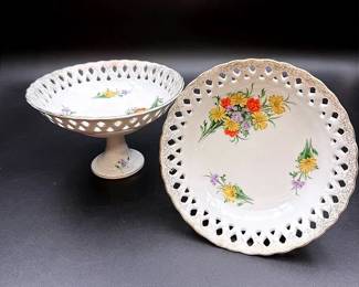 Vintage Floral Design Porcelain Pedestal Compote Dishes