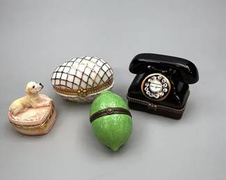 Porcelain Trinket Box Collection Including A Rotary Phone, Lime, Puppy On A Pillow & An Egg