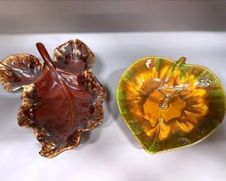 Vintage Hull Divided Maple Leaf Serving Dish & Leaf Shaped Drip Glaze Nut Or Candy Dish