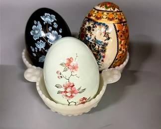 A White Milk Glass Hobnail Pattern Divided Dish & Three Decorative Ceramic Eggs